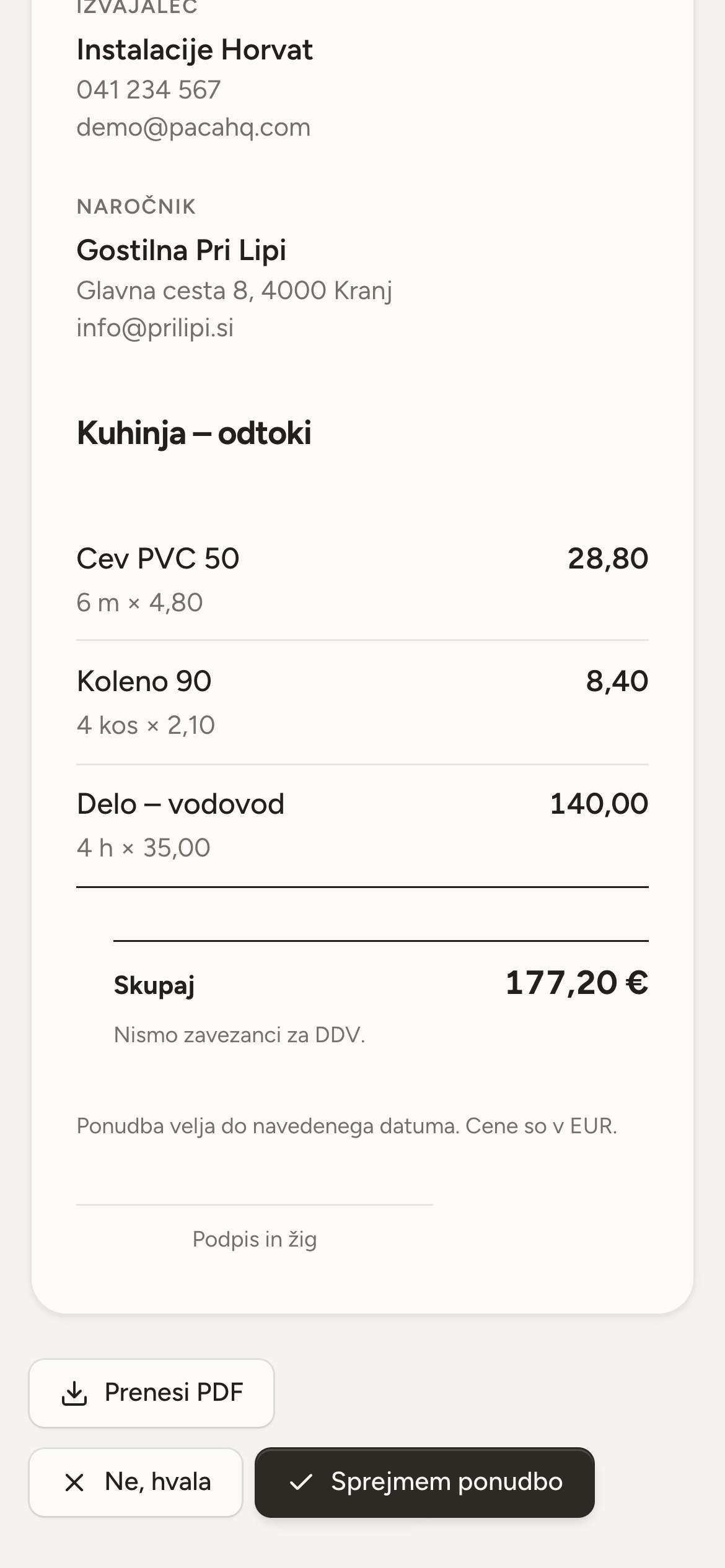 Ponudba, kot jo stranka vidi na telefonu